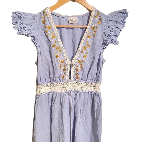 Saylor Yumi Dress Maxi Flutter Sleeve Blue Printed Cotton L - Picture 5 of 9